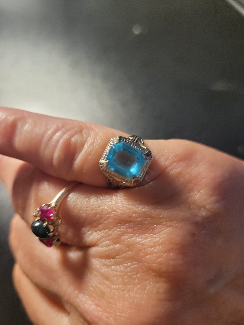 Art Deco Blue Stone Gold Filigree Ring Vintage December Birthstone